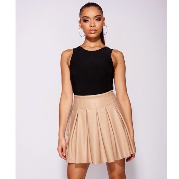 Nude Faux Leather Vegan Leather High Waist Pleated Mini Skater Skirt - Picture 2 of 15
